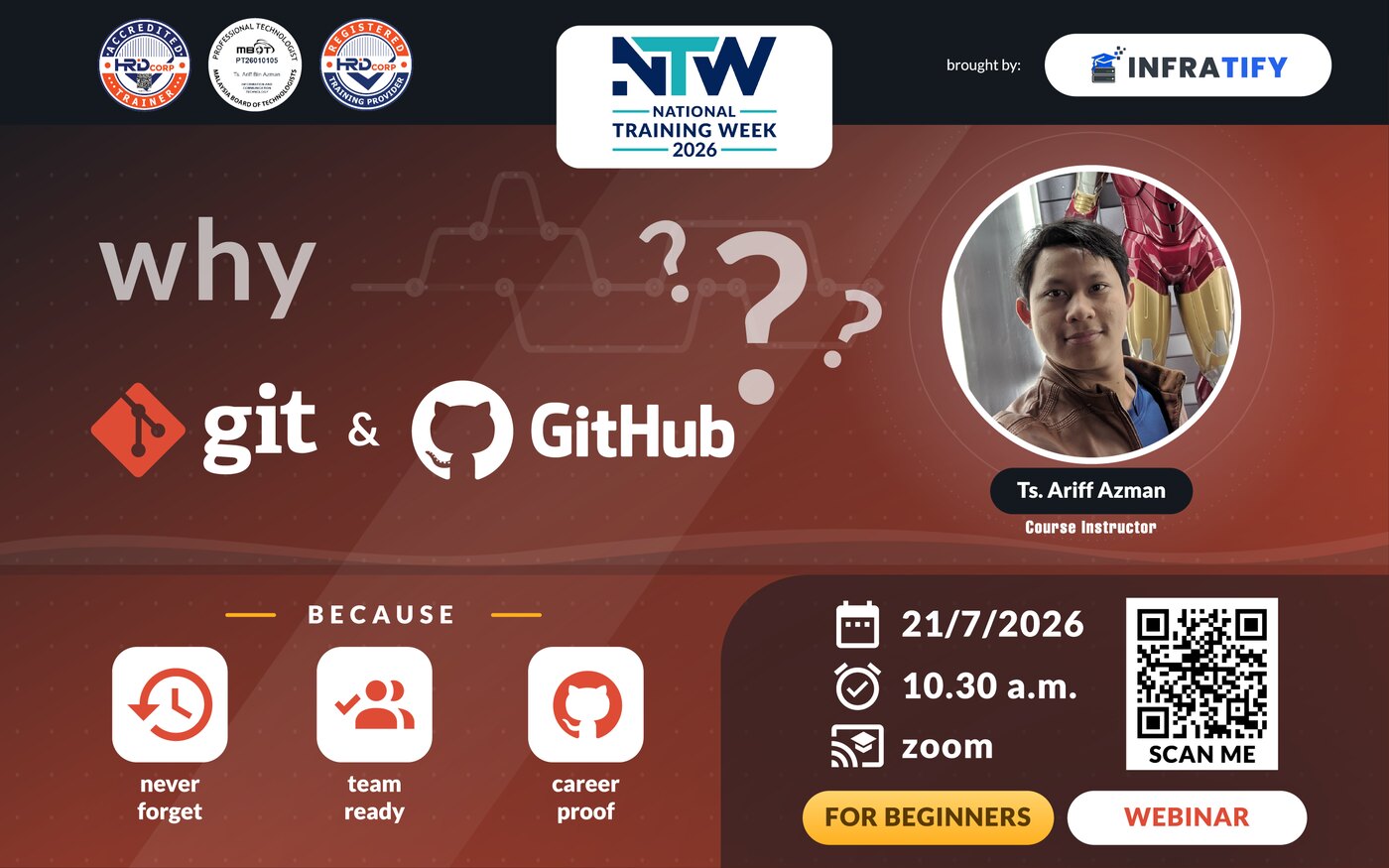 Why Git and GitHub? Free beginner sharing session on Tuesday 21 July 2026 at 10:30 AM on Zoom. Because it never forgets, keeps teams ready, and proves your work to employers. Trainer Ts. Ariff Azman.